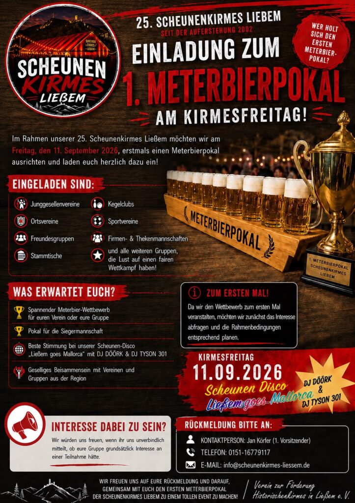Flyer zur 25. Scheunenkirmes Ließem: Einladung zum 1. Meterbierpokal am 11. September 2026