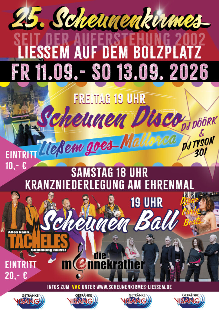 Flyer zur 25. Scheunenkirmes Ließem vom 11. bis 13. September 2026 mit Freitag- und Samstagprogramm